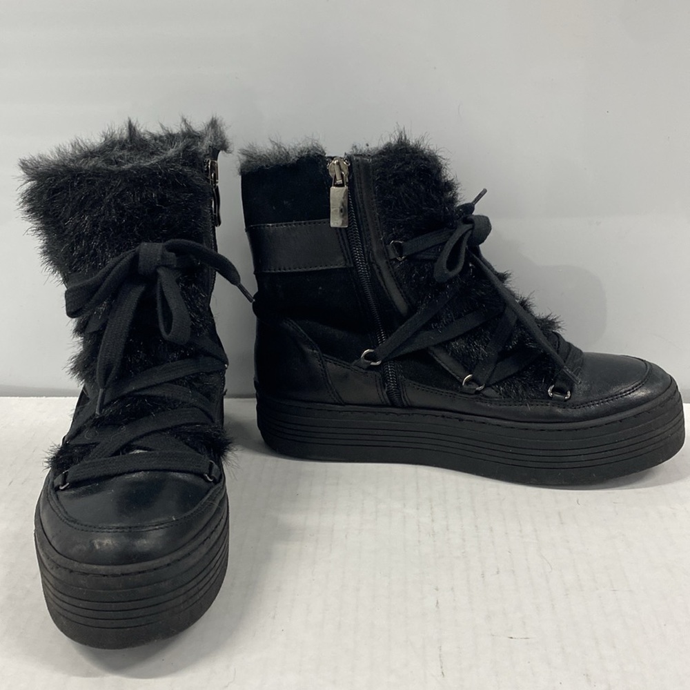 A&M Italy Black leather suede & fur platform boots handcrafted VGUC Size 38